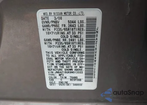 2009 Nissan Murano Sl z USA, uszkodzony, nr VIN JN8AZ18UX9W012033